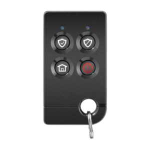 Black remote control with five buttons and a keychain attachment.