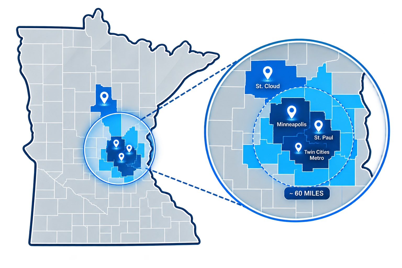 Minnesota map of the Minneapolis, St. Paul and Twin Cities metro service area