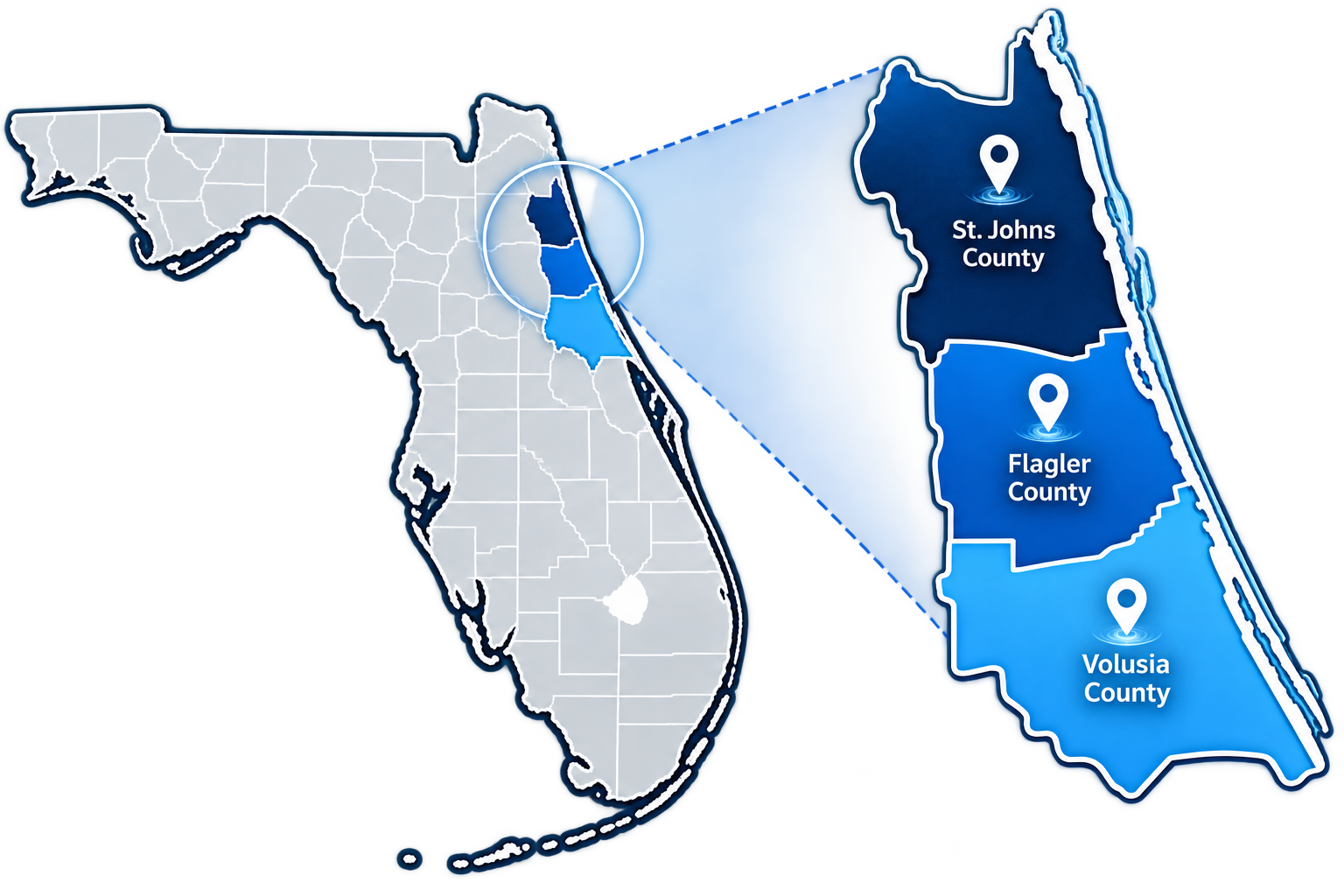 Florida map of the St. Johns, Flagler and Volusia County service area